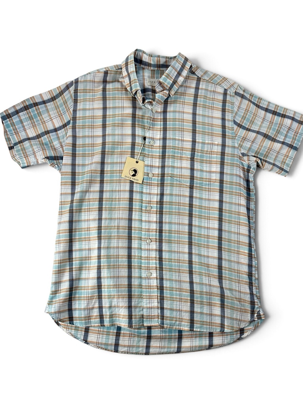 Duck Head Men's Short Sleeve Plaid Button-Up Shirt - Light Blue & Orange Small